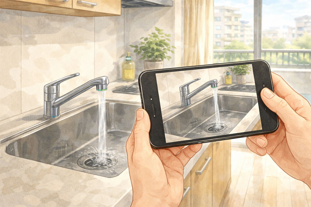 賃貸内見でキッチンの水回りをチェックしている様子