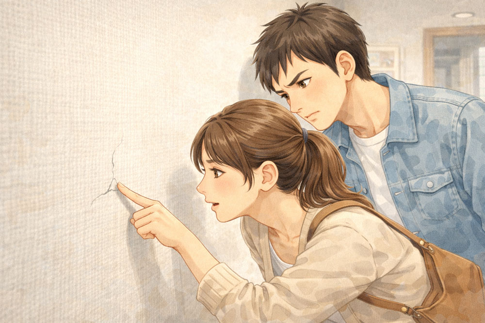 賃貸内見で壁のヒビを確認している様子