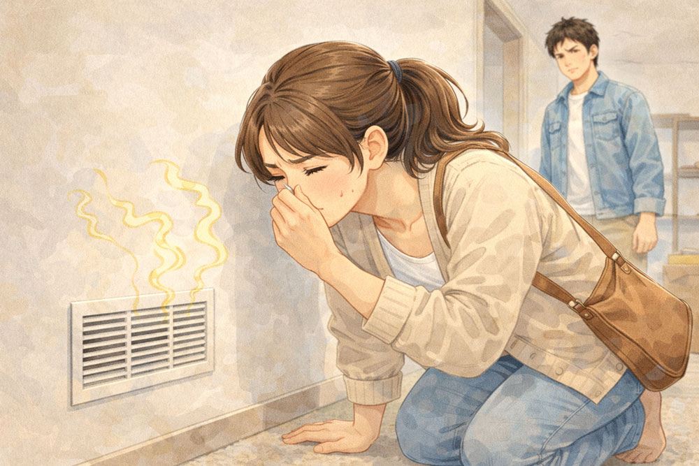 賃貸内見で部屋の臭いを確認している様子