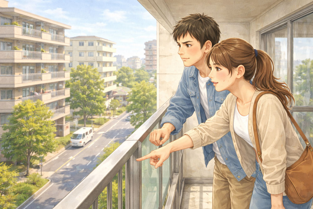 賃貸内見でベランダから周辺環境を確認している様子