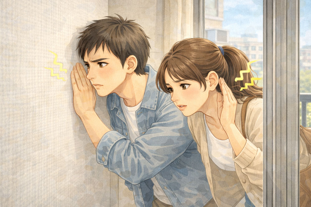 賃貸内見で室内や隣室の生活音をチェックしている様子