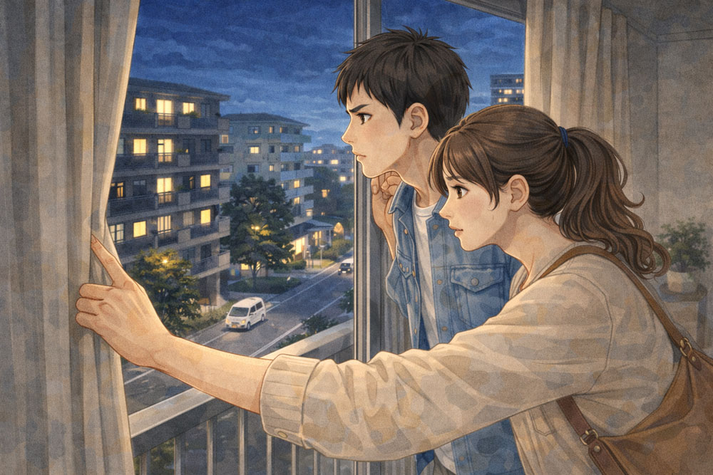 賃貸内見で夜の周辺環境を想像している様子