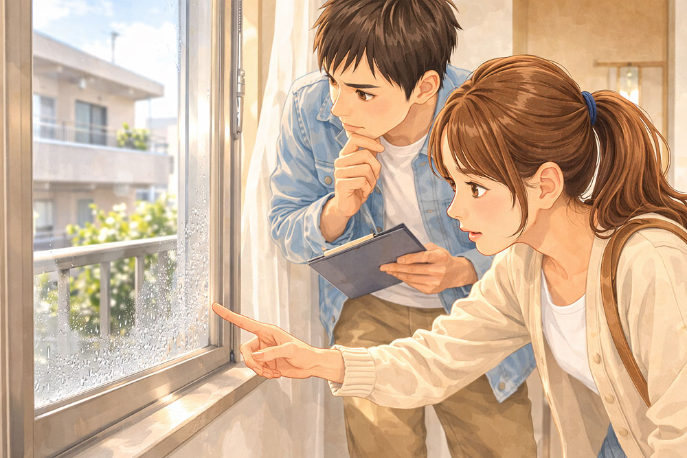 内見時に窓回りの結露をチェックしている様子