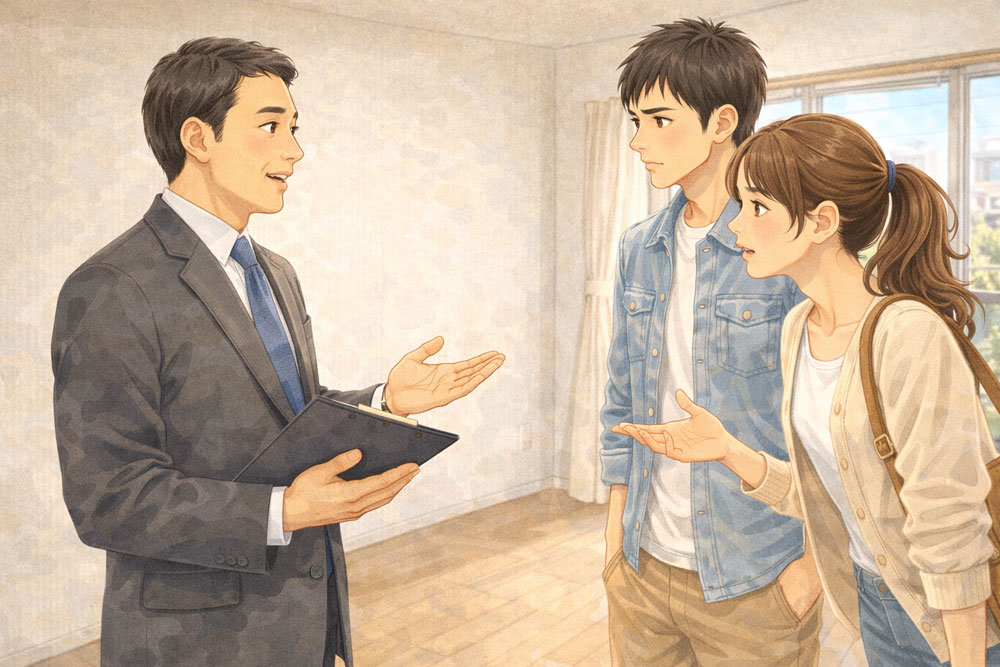 内見時に不動産屋さんへ相談している様子
