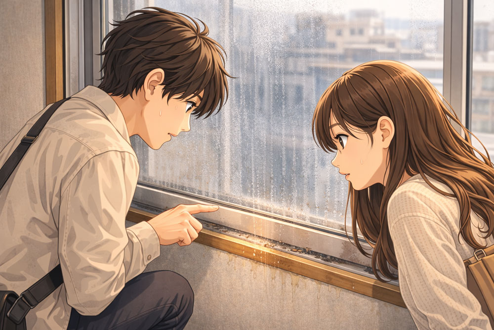 窓の結露跡を確認する内見シーン