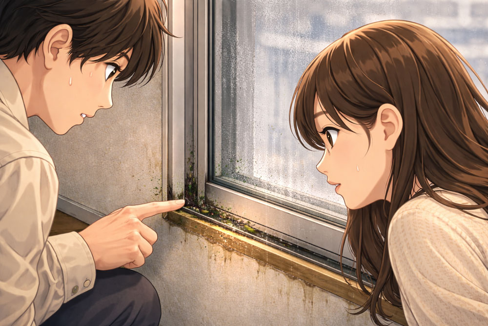 窓サッシのカビや汚れを確認する内見シーン