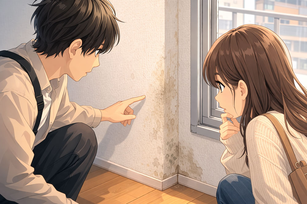 壁の結露跡を確認する内見シーン