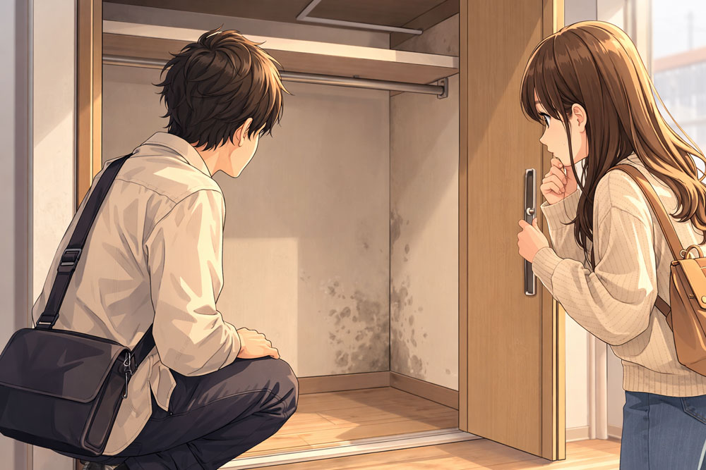 クローゼットの湿気を確認する内見シーン