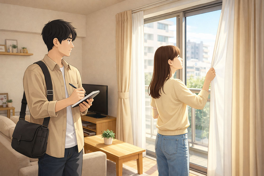 昼の内見で室内の明るさを確認する様子