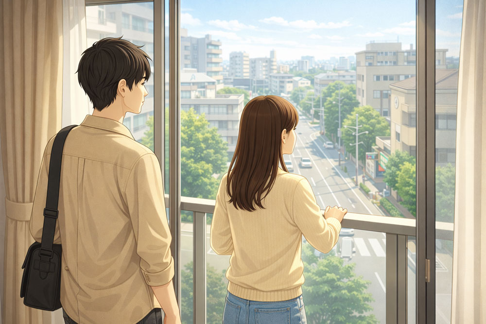 昼の内見で窓の明るさや日当たりを確認している様子