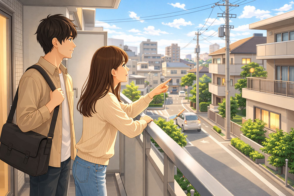 ベランダから周辺環境を確認している内見シーン