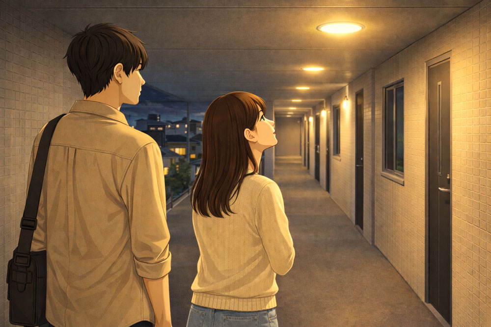 夜の賃貸マンション共用廊下の明るさを確認する内見シーン