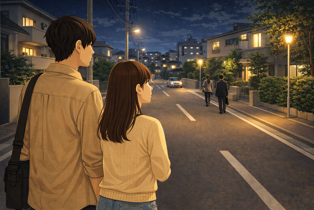 夜の住宅街を歩きながら物件周辺の明るさを確認する内見シーン