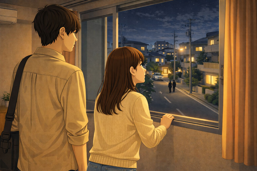 夜の室内で窓を開けて周辺の音を確認している内見シーン