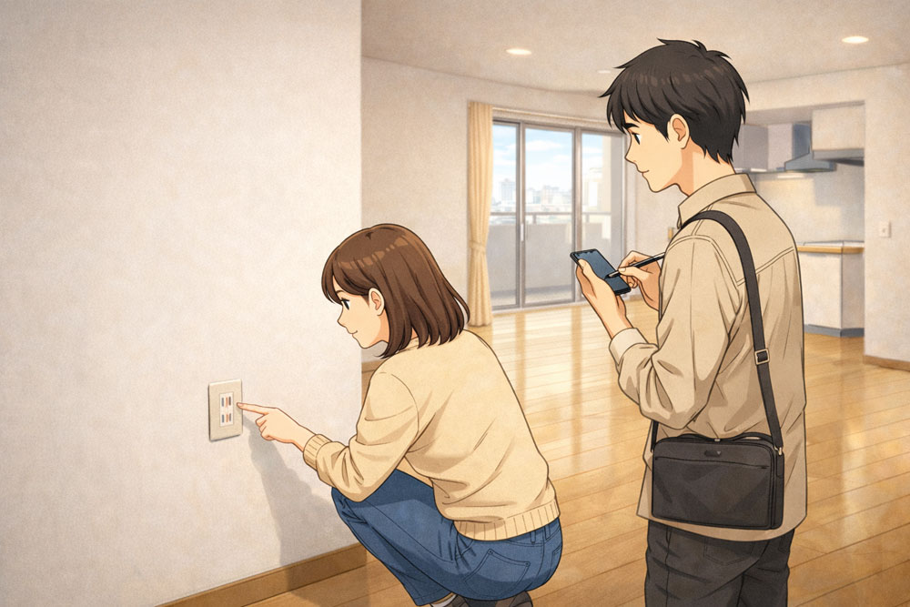 コンセントの数を確認している内見・内覧の様子