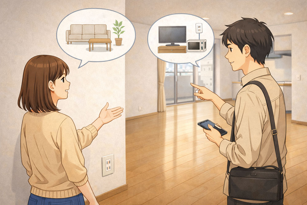 家具配置を想定してコンセント位置を確認している様子
