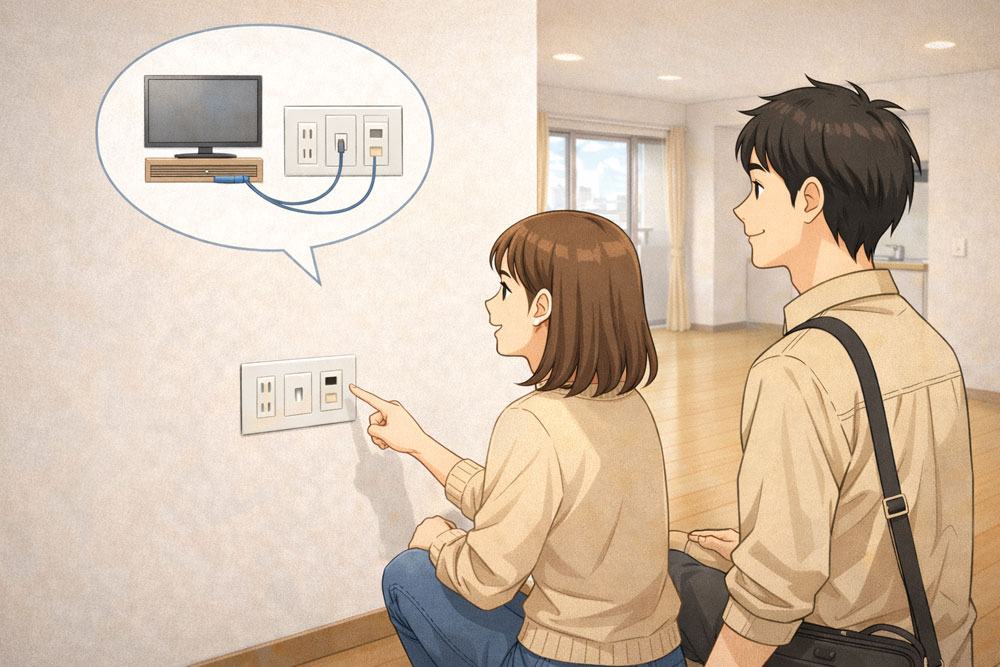 テレビ端子やLAN端子を確認している様子