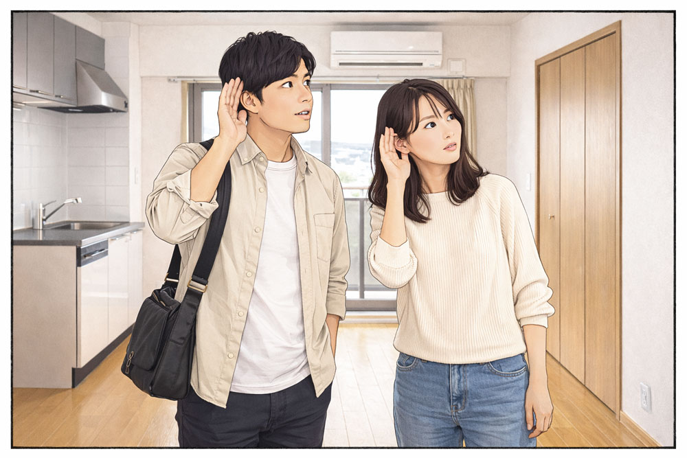 内見チェックシリーズの音。部屋の中央に立ち、30秒ほど静かにして周囲の音を感じてみるのがおすすめです