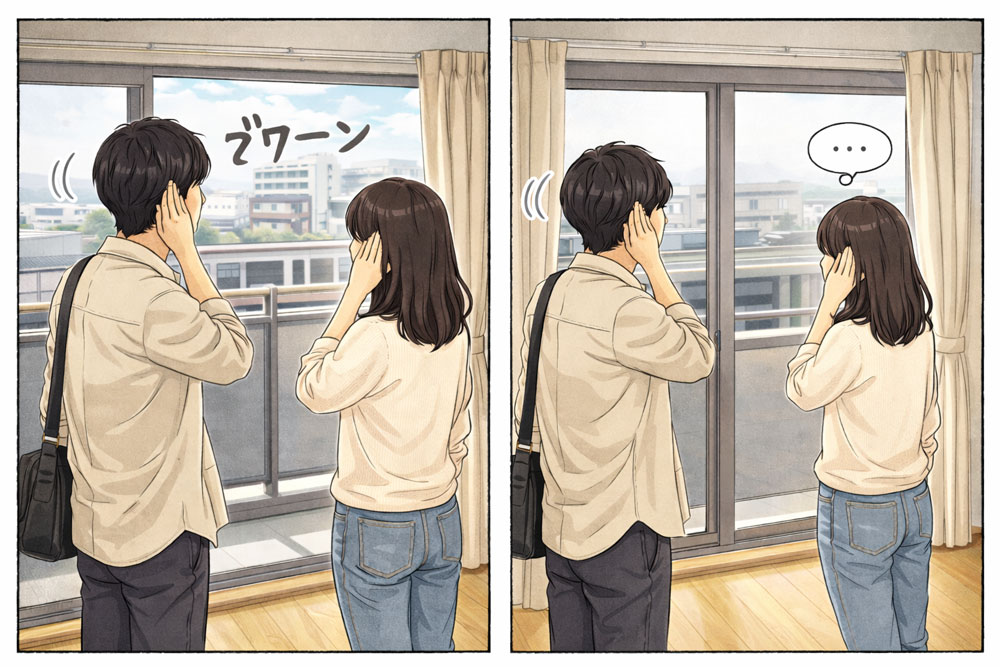 内見チェックシリーズの音。窓を開けた状態と閉めた状態、両方で音の違いを確認しておくと安心です