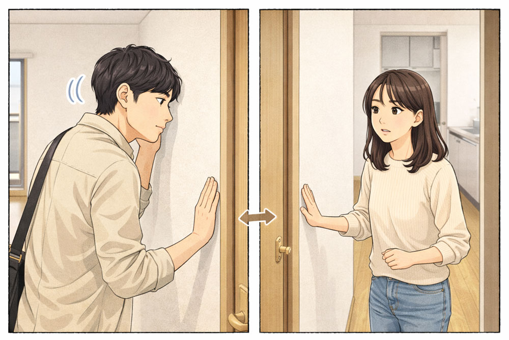 内見チェックシリーズの音。壁が薄そうな位置や隣室との距離も意識して確認してみましょう。