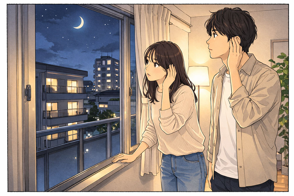 内見チェックシリーズの音。夜は周囲が静かになるため、昼間よりも音が気になりやすくなります