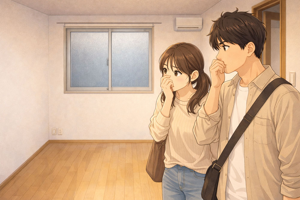 窓を閉めて部屋の臭いを確認する内見シーン