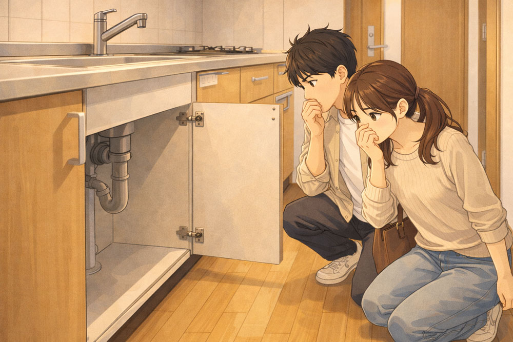 キッチンで臭いを確認する内見シーン