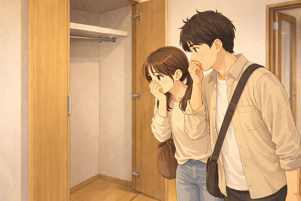 クローゼットを開けて臭いを確認する内見シーン