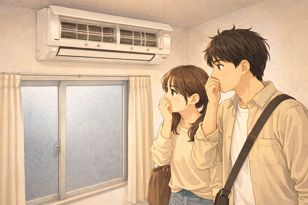 エアコン周りの臭いを確認する内見シーン