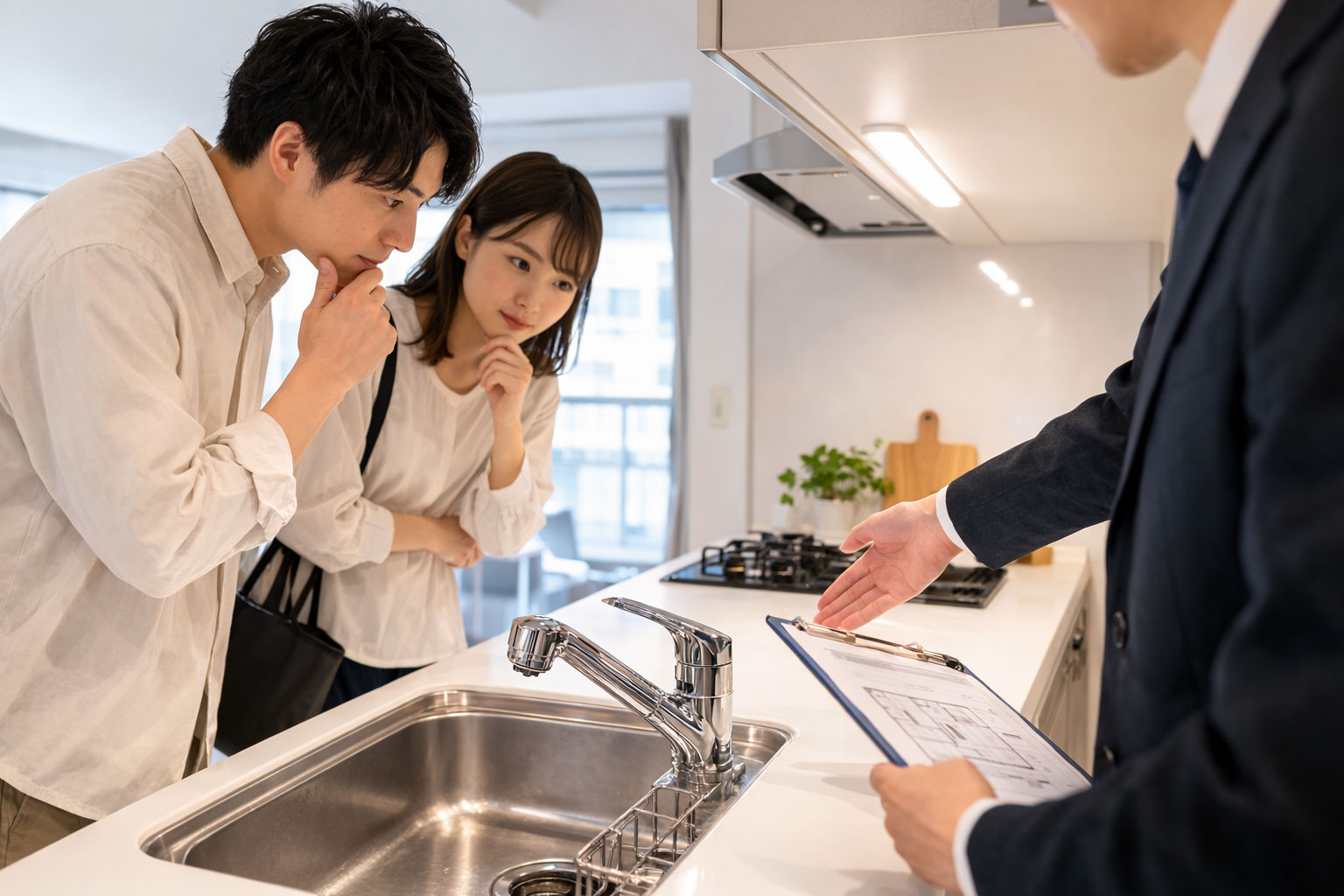 賃貸内見でキッチンの蛇口まわりを確認している様子