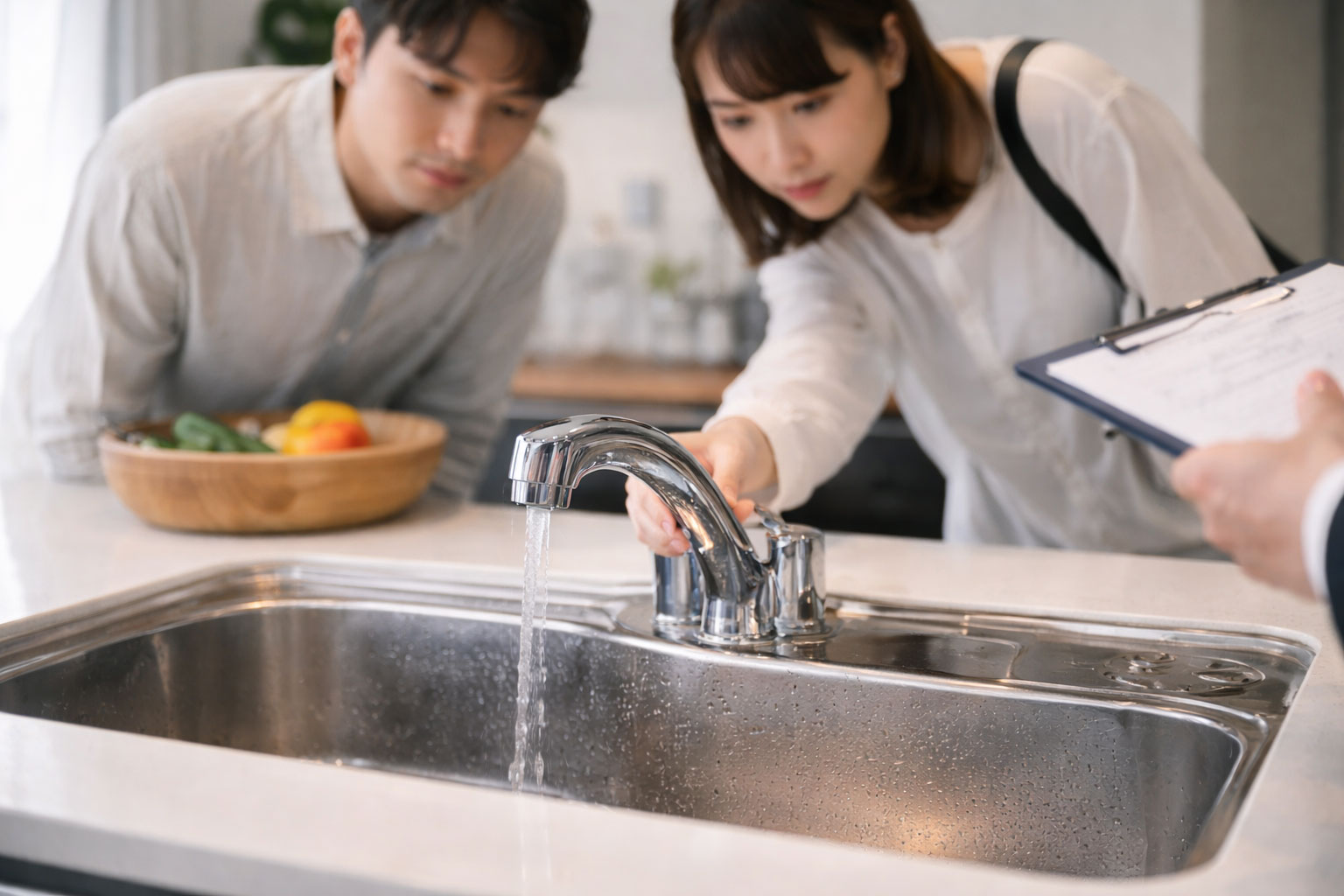 賃貸内見で洗面台下や排水まわりを確認する様子